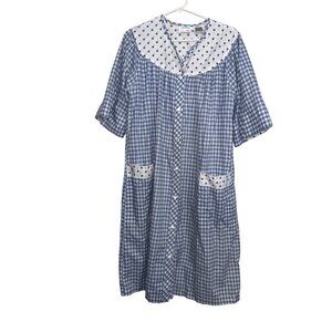 Vintage Kelly Reed Blue Gingham & Polka Dot House Dress With Pockets Size Large